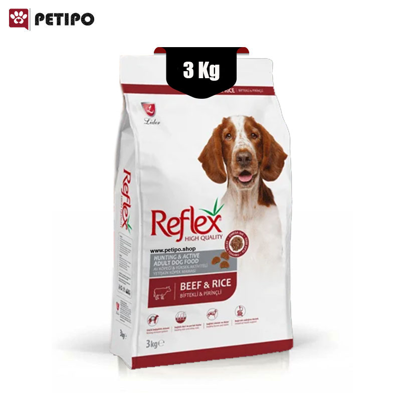 غذای خشک سگ بالغ شکاری با فعالیت بالا رفلکس طعم بیف و برنج (Reflex Hunting & Active Adult Dog Food) وزن 3 کیلوگرم