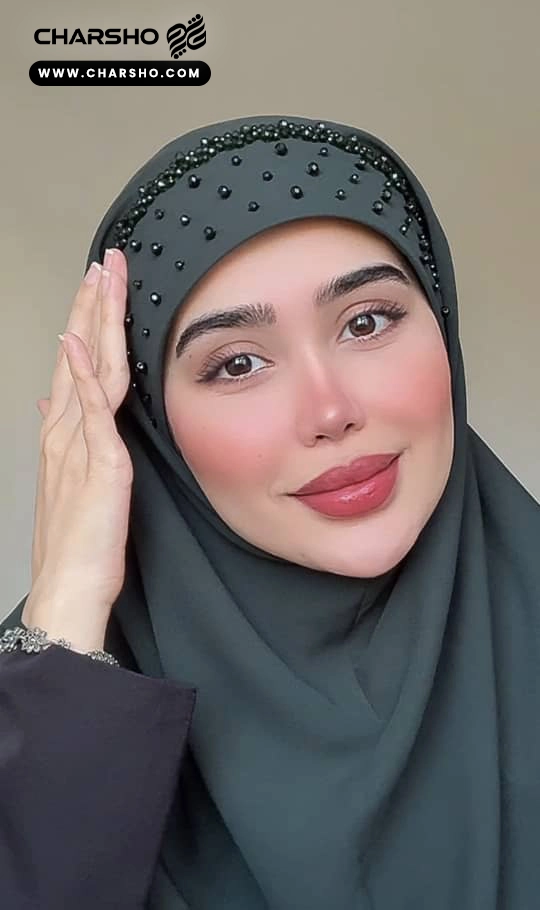 مقنعه جواهر دوزی سبز مدل بهار