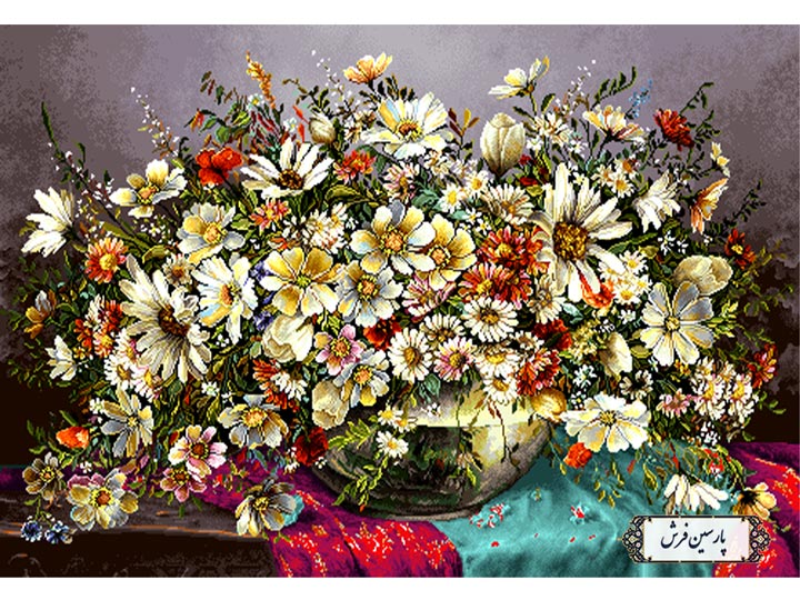 نخ و نقشه تابلو فرش بسته گل های رنگارنگ - کد NG1424