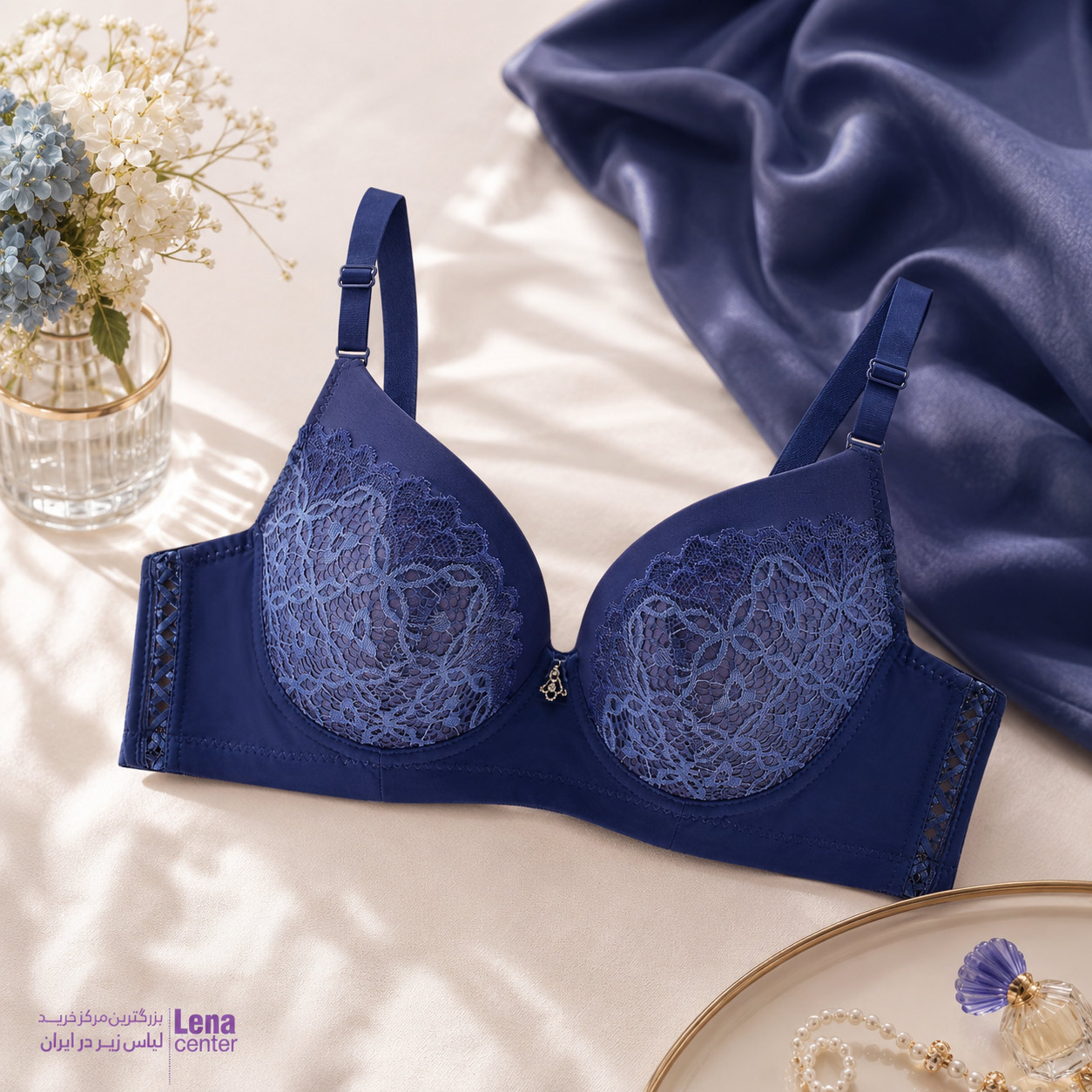 سوتین زنانه اسفنجی گیپوری کاپ بزرگ سورمه ای