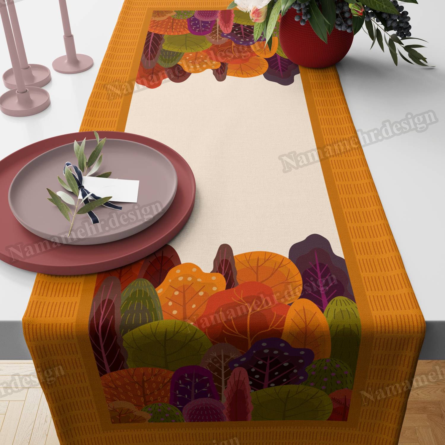 رانر طرح برگ پاییزی رنگ نارنجی کد R027