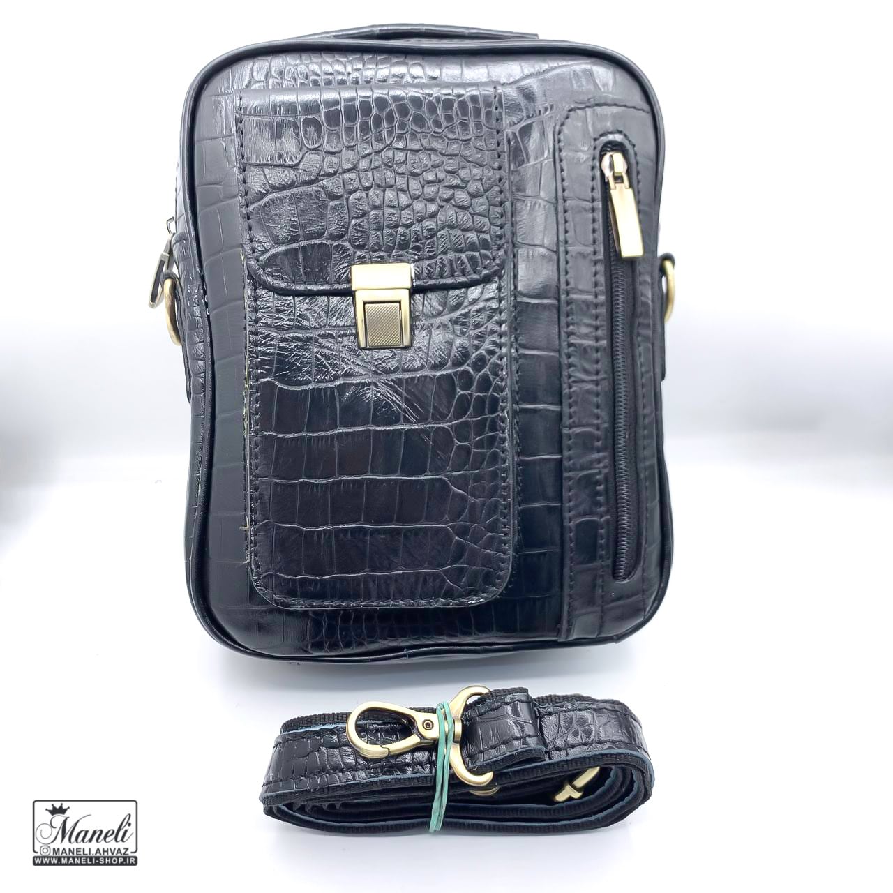 کیف چرم طبیعی رودوشی مردانه با طراحی کروکودیلی - رنگ مشکی