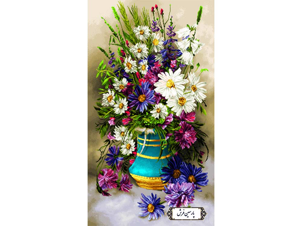 نخ و نقشه تابلو فرش گل و گلدان سفالی - کد NG1535