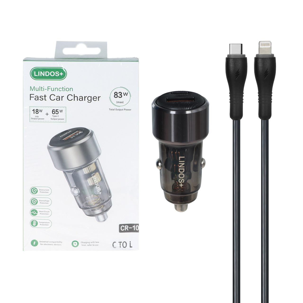 شارژر فندکی PD و فست دو پورت +Lindos مدل CR-10 83W به همراه کابل شارژ Type-C To Lightning - مشکی