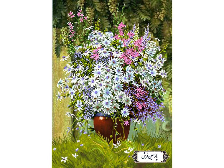 نخ و نقشه تابلو فرش گلدان روی چمن - کد NG1486