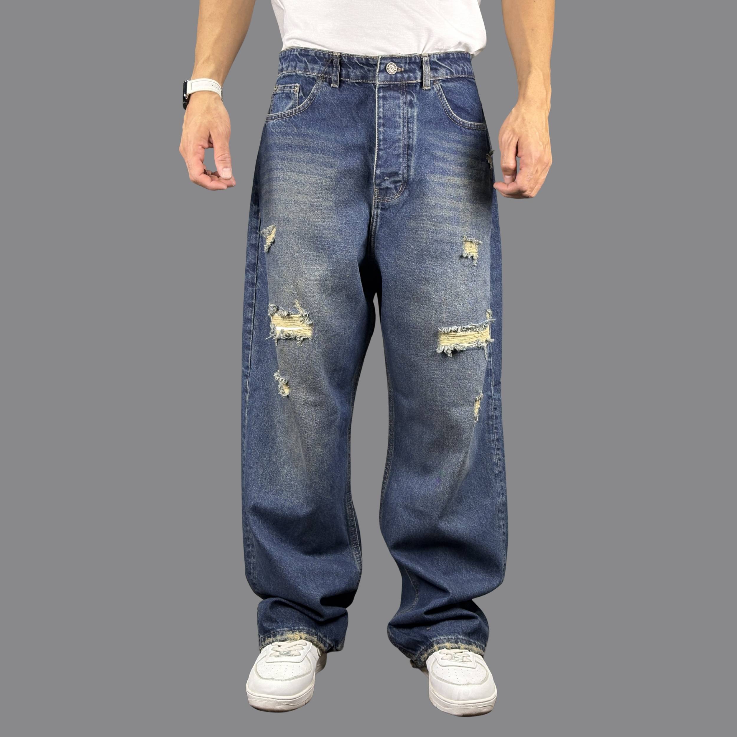 شلوار جین مردانه واید لگ آبی تیره کثیف رادو پر زاپ بالنسیاگا
