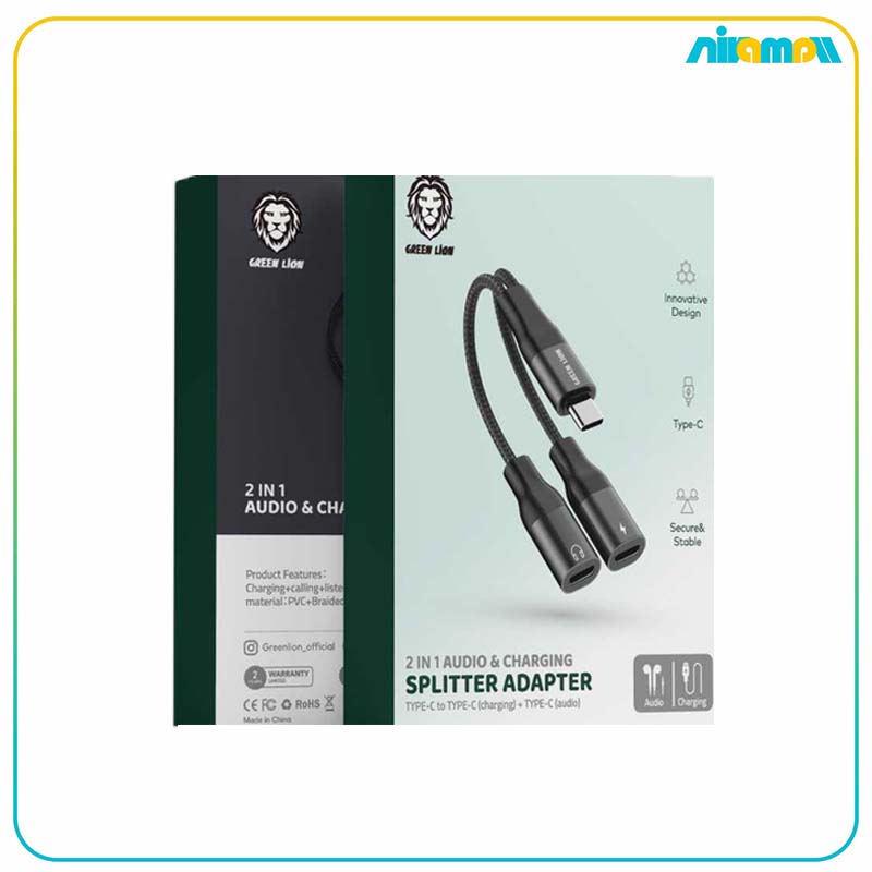 کابل تبدیل 2 به 1 گرین لاین Type-C to Type-C (Charging) + Type-C (Audio) مدل Adapter Splitter