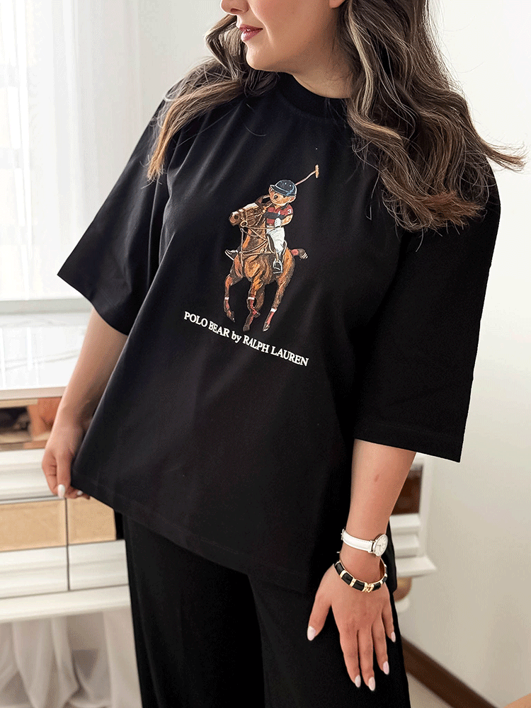 تیشرت باکسی نخی طرح پولو خرس Ralph Lauren فری سایز