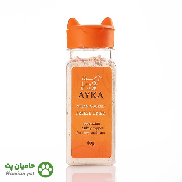 پودر تاپر طعم دهنده غذای سگ و گربه آیکا(AYKA) طعم بوقلمون ۴۰ گرمی