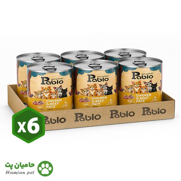 بسته ۶ عددی کنسرو گربه پابلو پته طعم مرغ و گوشت گوساله ۸۰۰ گرم