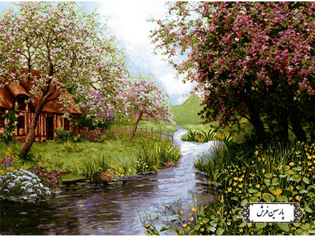 نخ و نقشه تابلو فرش طرح منظره زیبای کلبه - کد NV745