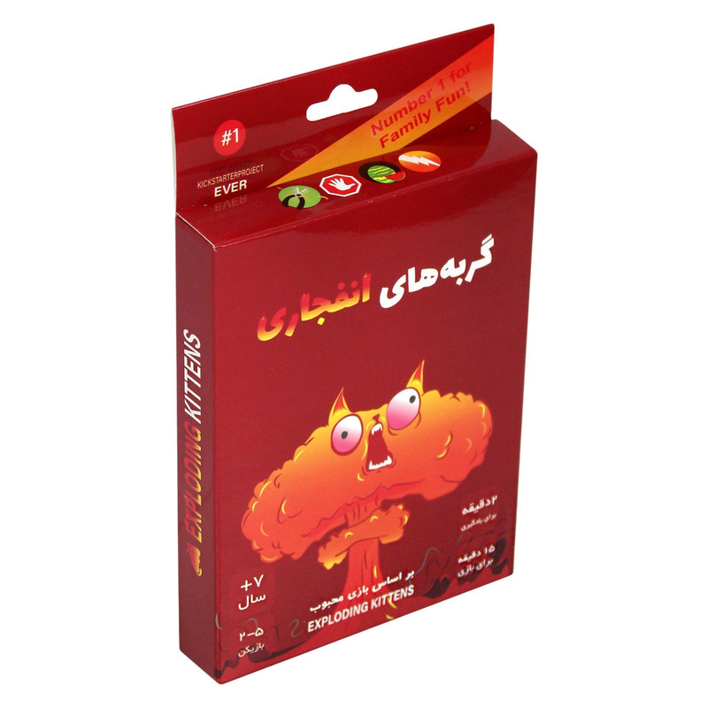بازی فکری کارتی گربههای انفجاری مدل EXP KTN 02 مناسب 2 تا 5 نفر با ژانر استراتژی و رقابتی، رده سنی بالای 7 سال، مدت زمان کمتر از 30 دقیقه، شامل 56 کارت ویژه و 4 کارت راهنما