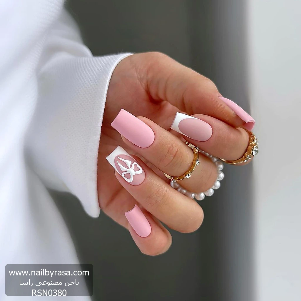 ناخن مصنوعی راسا طرح فرنچ و پاپیون رنگ صورتی فرم مربع RSH08