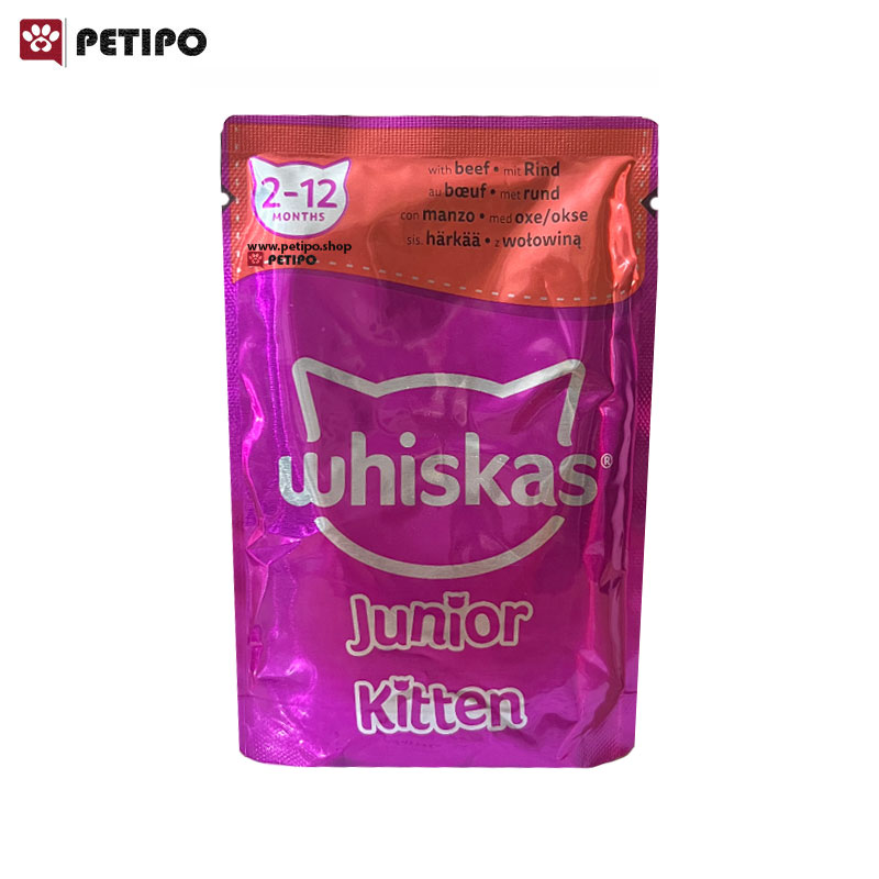 غذای پوچ بچه گربه با طعم بیف ویسکاس (Whiskas Junior Cat Beef In Gravy) وزن 85 گرم