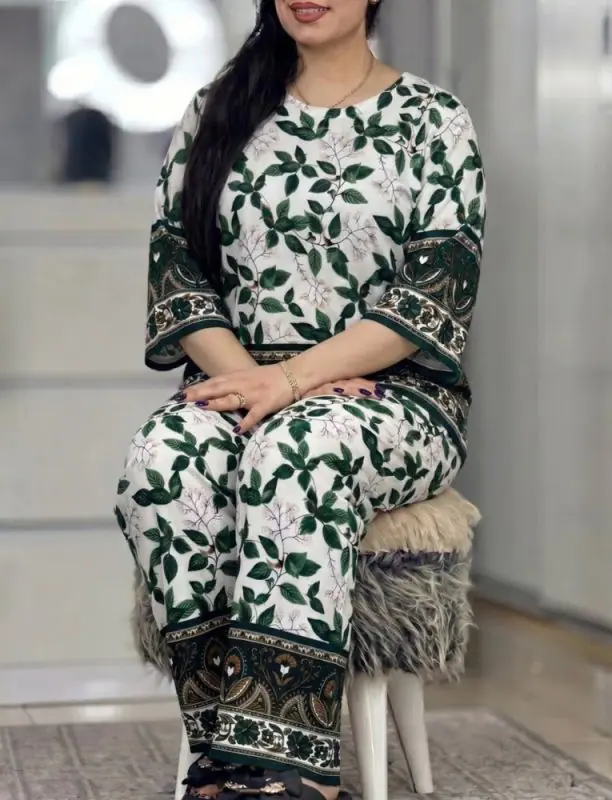 بلوز و شلوار نخی شیوان 7594 - سبز